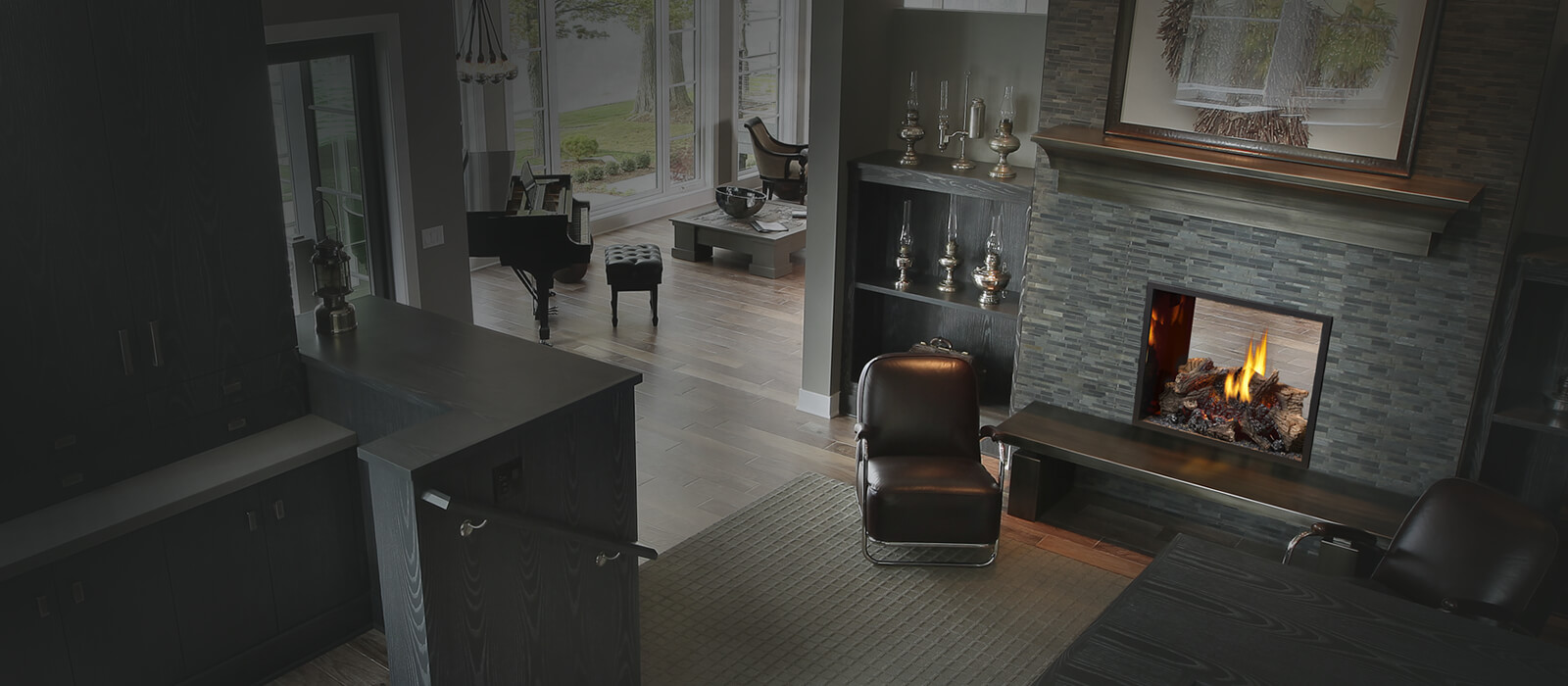 Gas fireplace with stone surround in a cottage living room